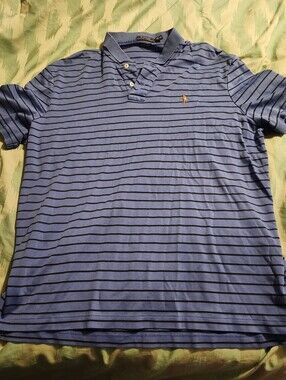 Polo Ralph Lauren Polo Shirt‎ Blue with Stripe Pattern Men's Size 2XL Slim Fit